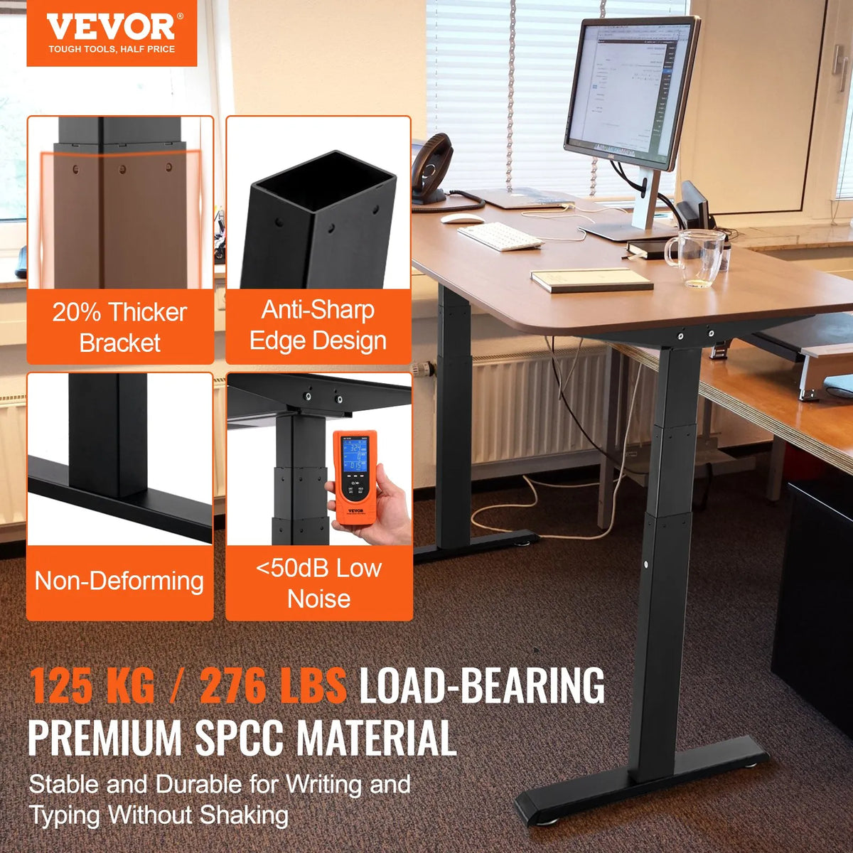 VEVOR Electric Height-Adjustable Desk Base with Two Motors, 65–129 cm, Black