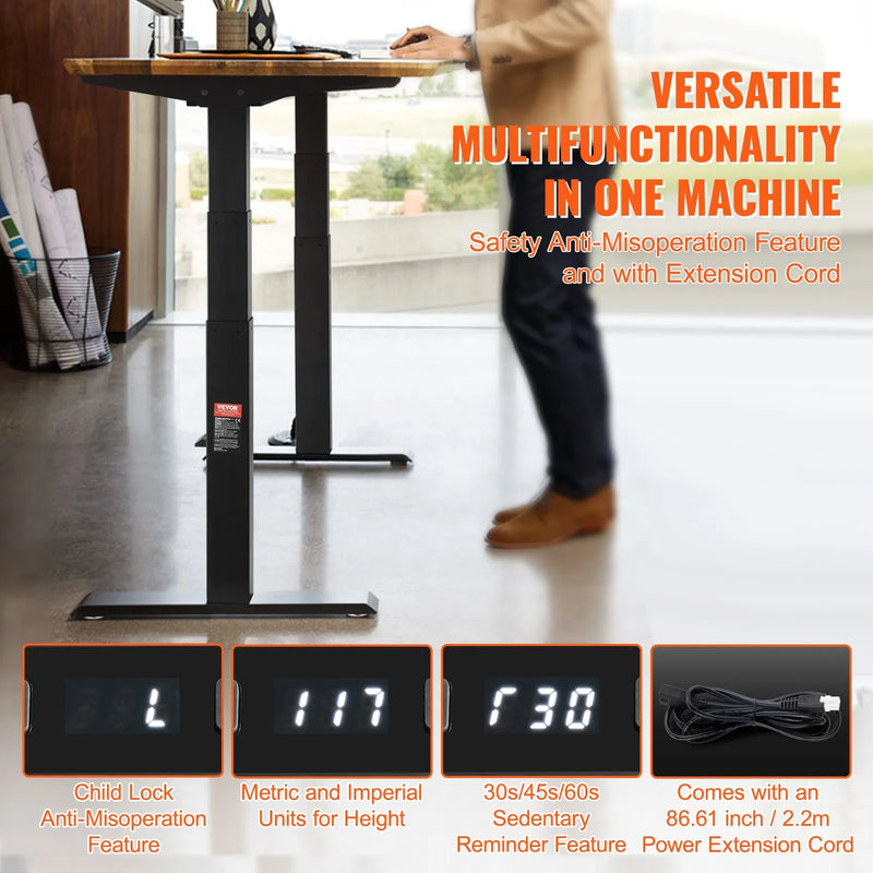 VEVOR elektriskā augstumā regulējama galda pamatne ar diviem motoriem, 65–129 cm, melna