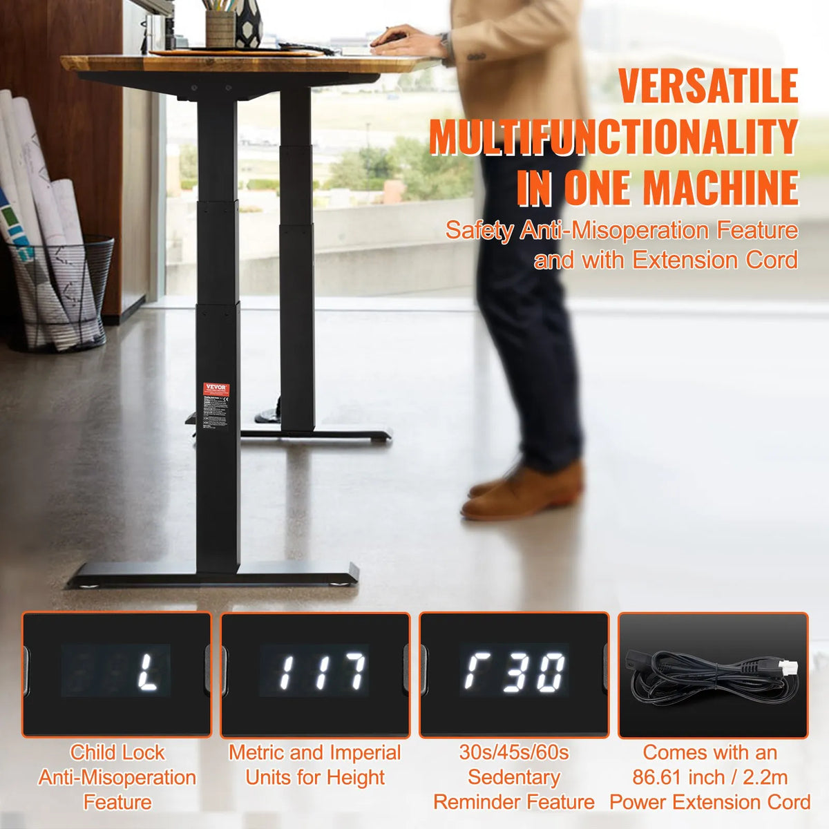 VEVOR Electric Height-Adjustable Desk Base with Two Motors, 65–129 cm, Black