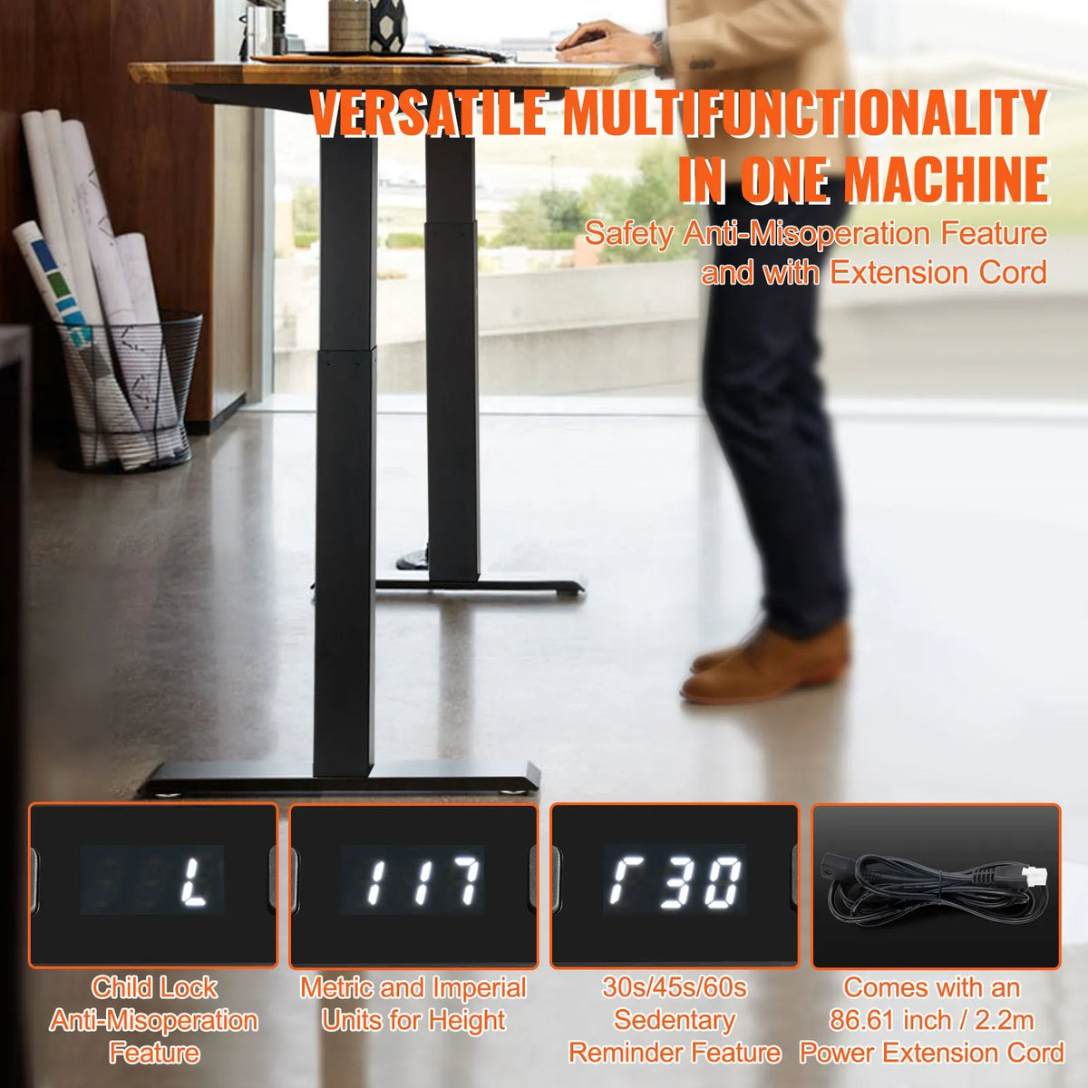 VEVOR Electric Height-Adjustable Desk Base with Two Motors, 70–117 cm, Black