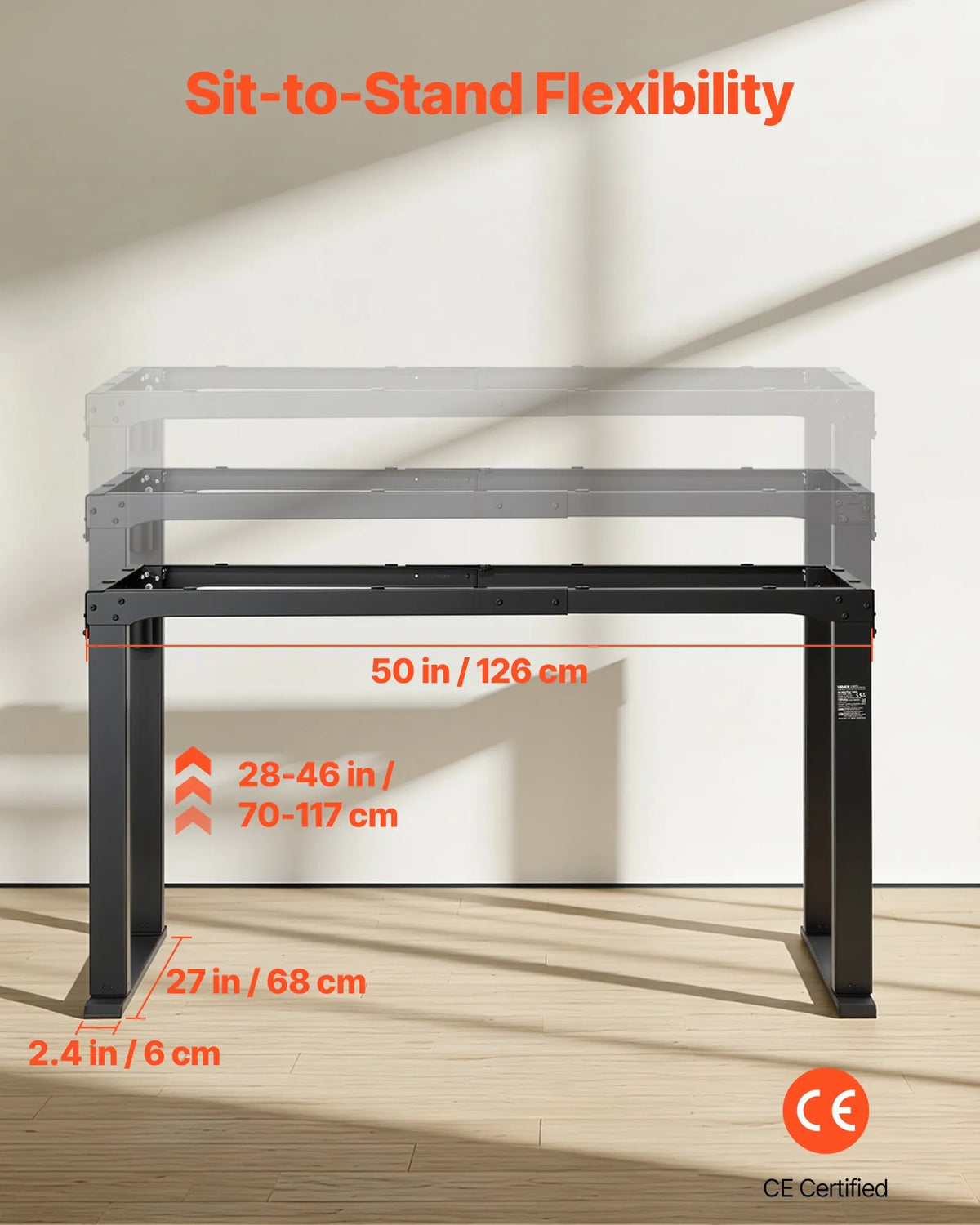 VEVOR Electric Standing Desk Frame with 4 Legs and Two Motors, 70–117 cm, 4 Height Memory Settings, Black