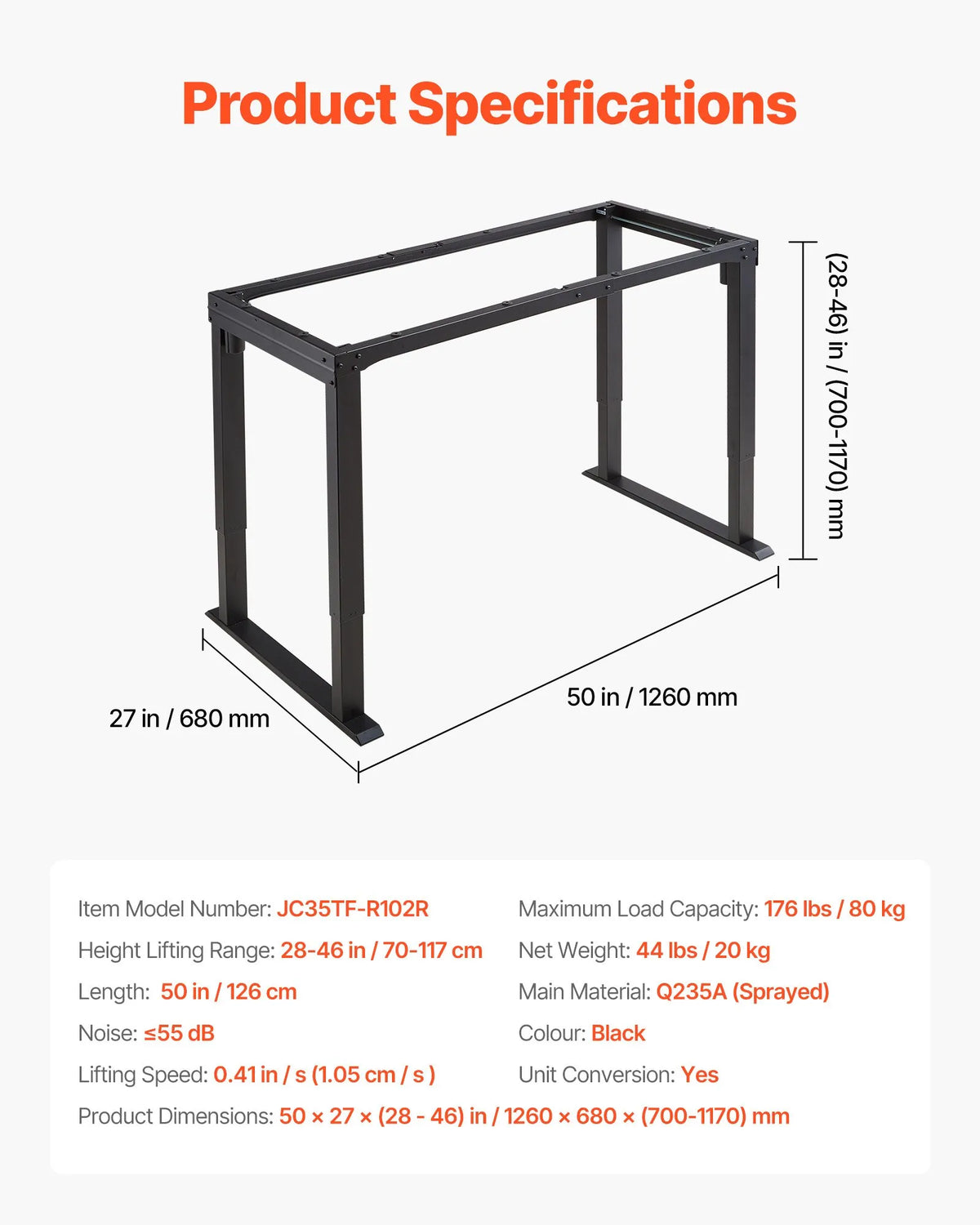 VEVOR Electric Standing Desk Frame with 4 Legs and Two Motors, 70–117 cm, 4 Height Memory Settings, Black