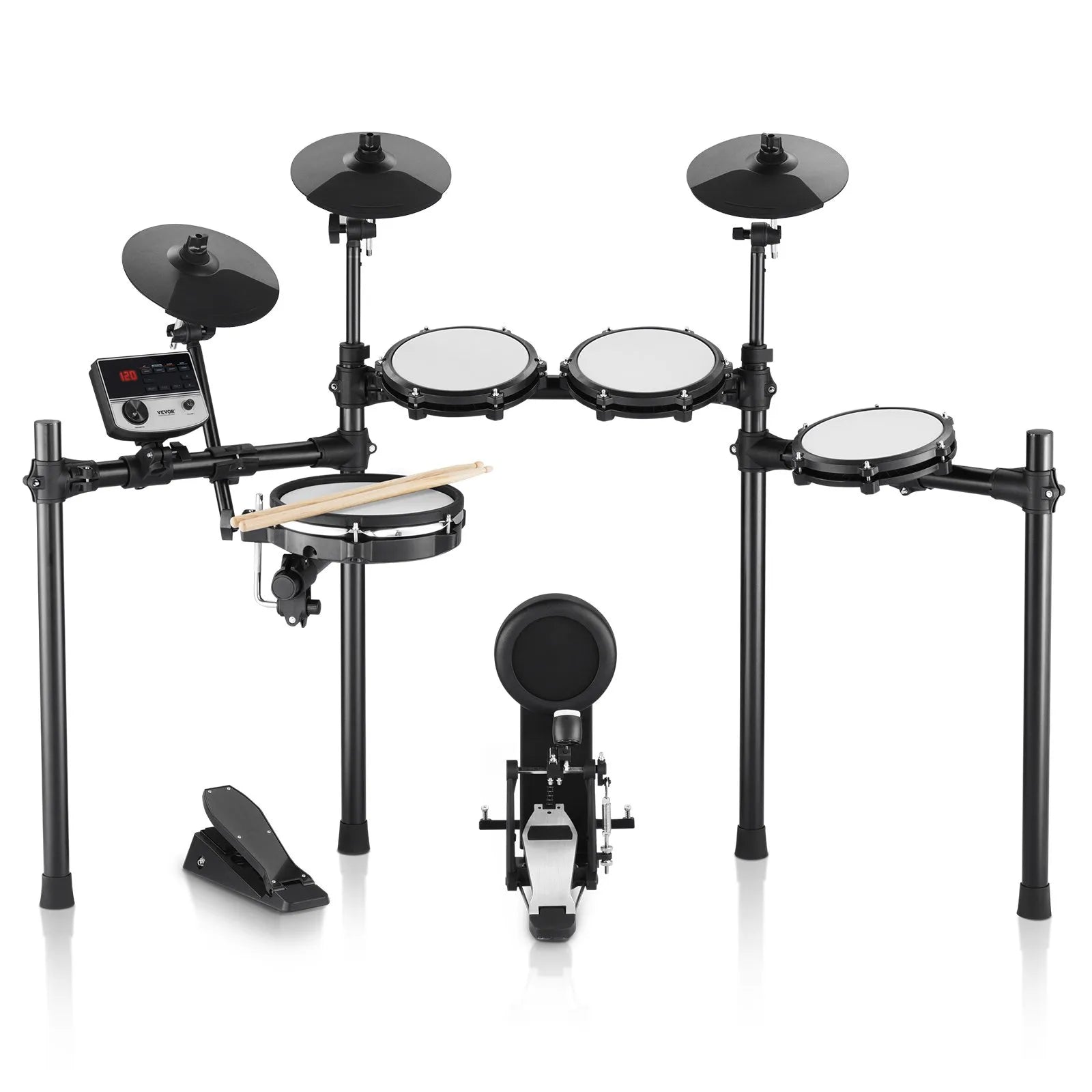 VEVOR elektroniskā bungasete ar 32 bungu komplektiem un 480 skaņām, 10″ klusā tīkla snare bungu spilventiņu, 10″ šķīvjiem, bungu vicinātājiem un pedāļiem; USB MIDI atbalsts, piemērota iesācējiem un pieaugušajiem