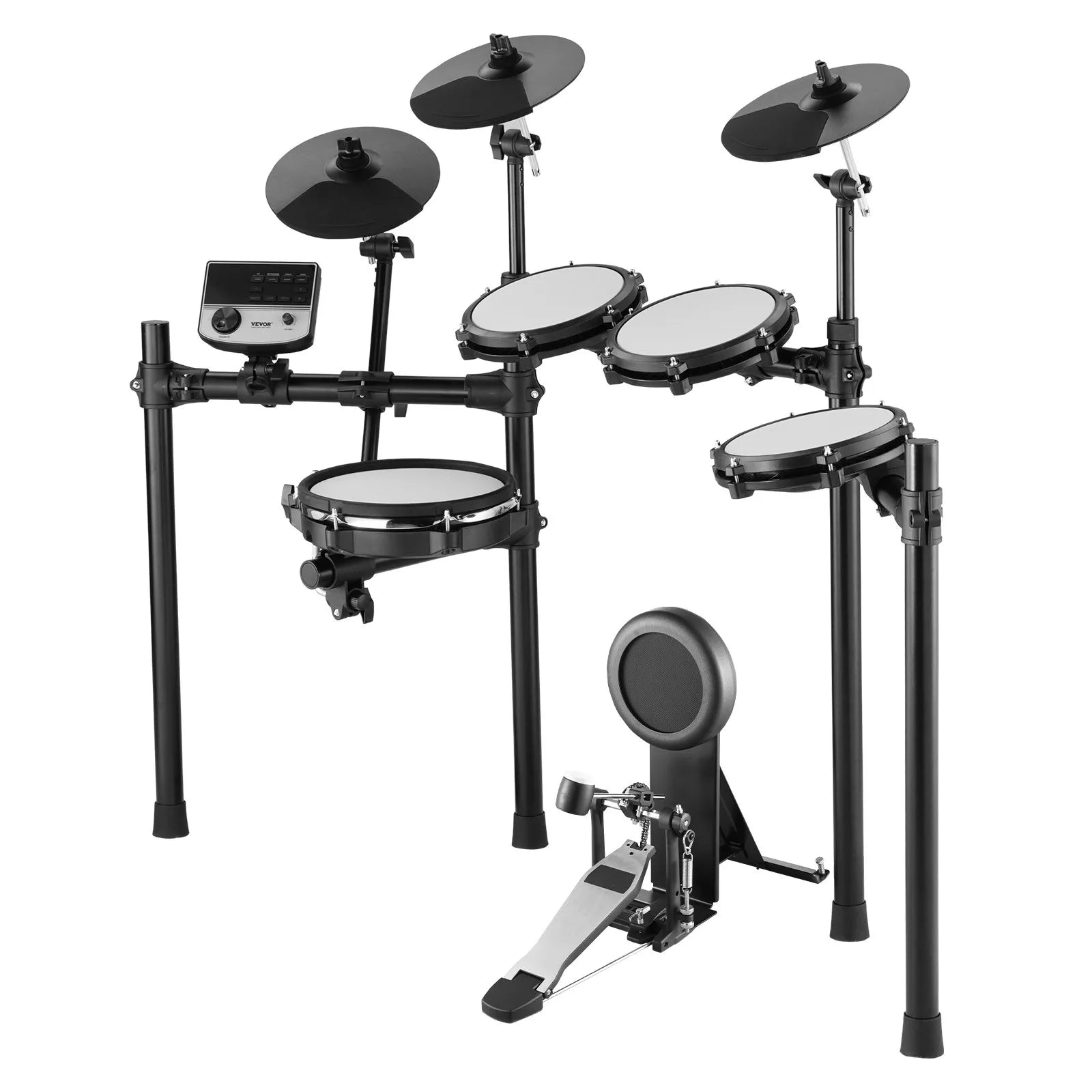 VEVOR elektroniskā bungasete ar 32 bungu komplektiem un 480 skaņām, 10″ klusā tīkla snare bungu spilventiņu, 10″ šķīvjiem, bungu vicinātājiem un pedāļiem; USB MIDI atbalsts, piemērota iesācējiem un pieaugušajiem