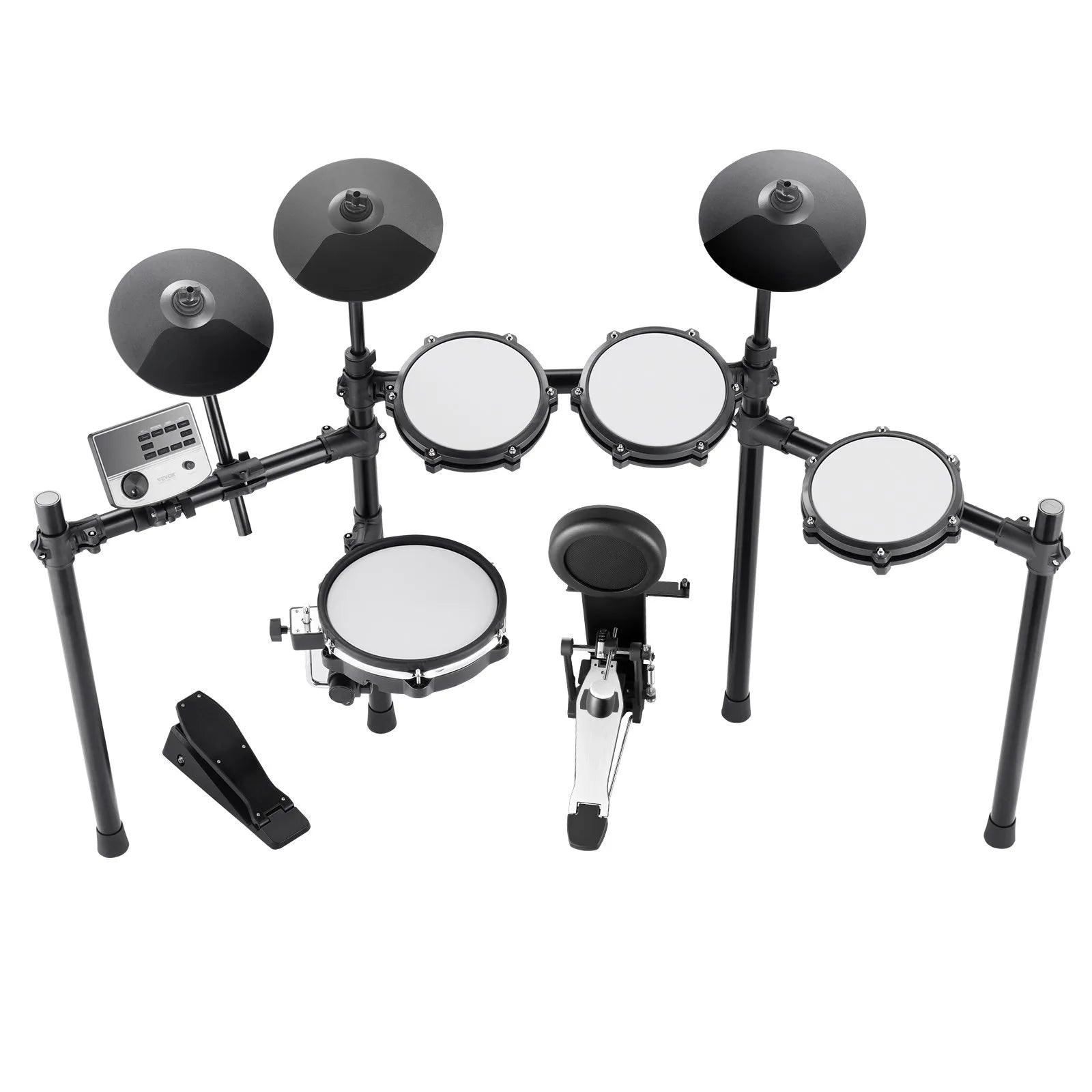VEVOR elektroniskā bungasete ar 32 bungu komplektiem un 480 skaņām, 10″ klusā tīkla snare bungu spilventiņu, 10″ šķīvjiem, bungu vicinātājiem un pedāļiem; USB MIDI atbalsts, piemērota iesācējiem un pieaugušajiem