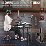 VEVOR elektroniskā bungasete ar 32 bungu komplektiem un 480 skaņām, 10″ klusā tīkla snare bungu spilventiņu, 10″ šķīvjiem, bungu vicinātājiem un pedāļiem; USB MIDI atbalsts, piemērota iesācējiem un pieaugušajiem