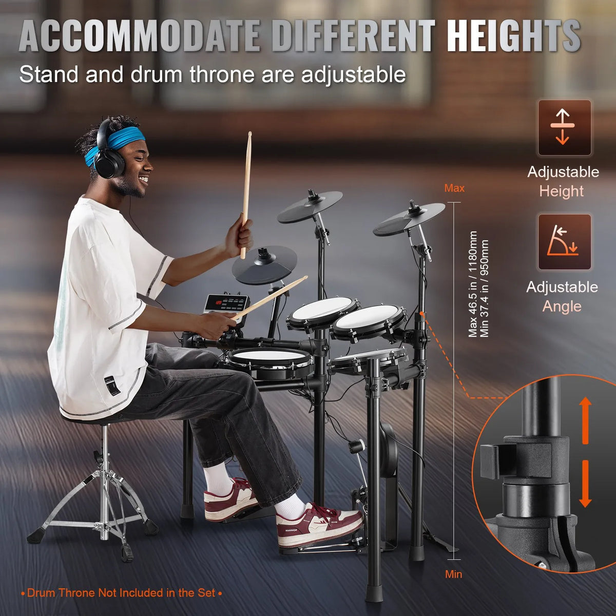 VEVOR elektroniskā bungasete ar 32 bungu komplektiem un 480 skaņām, 10″ klusā tīkla snare bungu spilventiņu, 10″ šķīvjiem, bungu vicinātājiem un pedāļiem; USB MIDI atbalsts, piemērota iesācējiem un pieaugušajiem