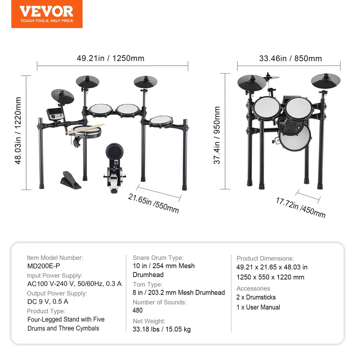 VEVOR elektroniskā bungasete ar 32 bungu komplektiem un 480 skaņām, 10″ klusā tīkla snare bungu spilventiņu, 10″ šķīvjiem, bungu vicinātājiem un pedāļiem; USB MIDI atbalsts, piemērota iesācējiem un pieaugušajiem