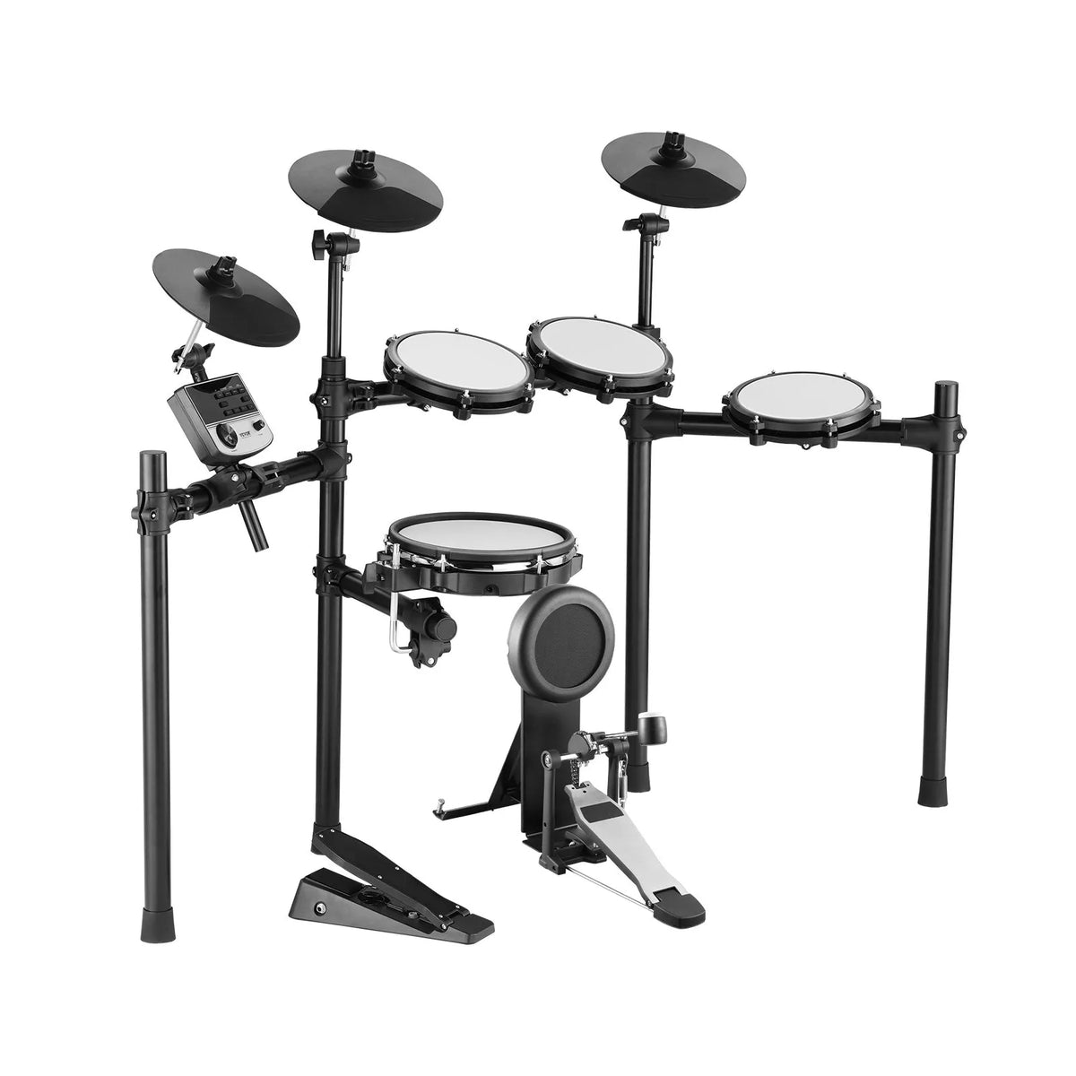 VEVOR elektroniskā bungasete ar 32 bungu komplektiem un 480 skaņām, 10″ klusā tīkla snare bungu spilventiņu, 10″ šķīvjiem, bungu vicinātājiem un pedāļiem; USB MIDI atbalsts, piemērota iesācējiem un pieaugušajiem