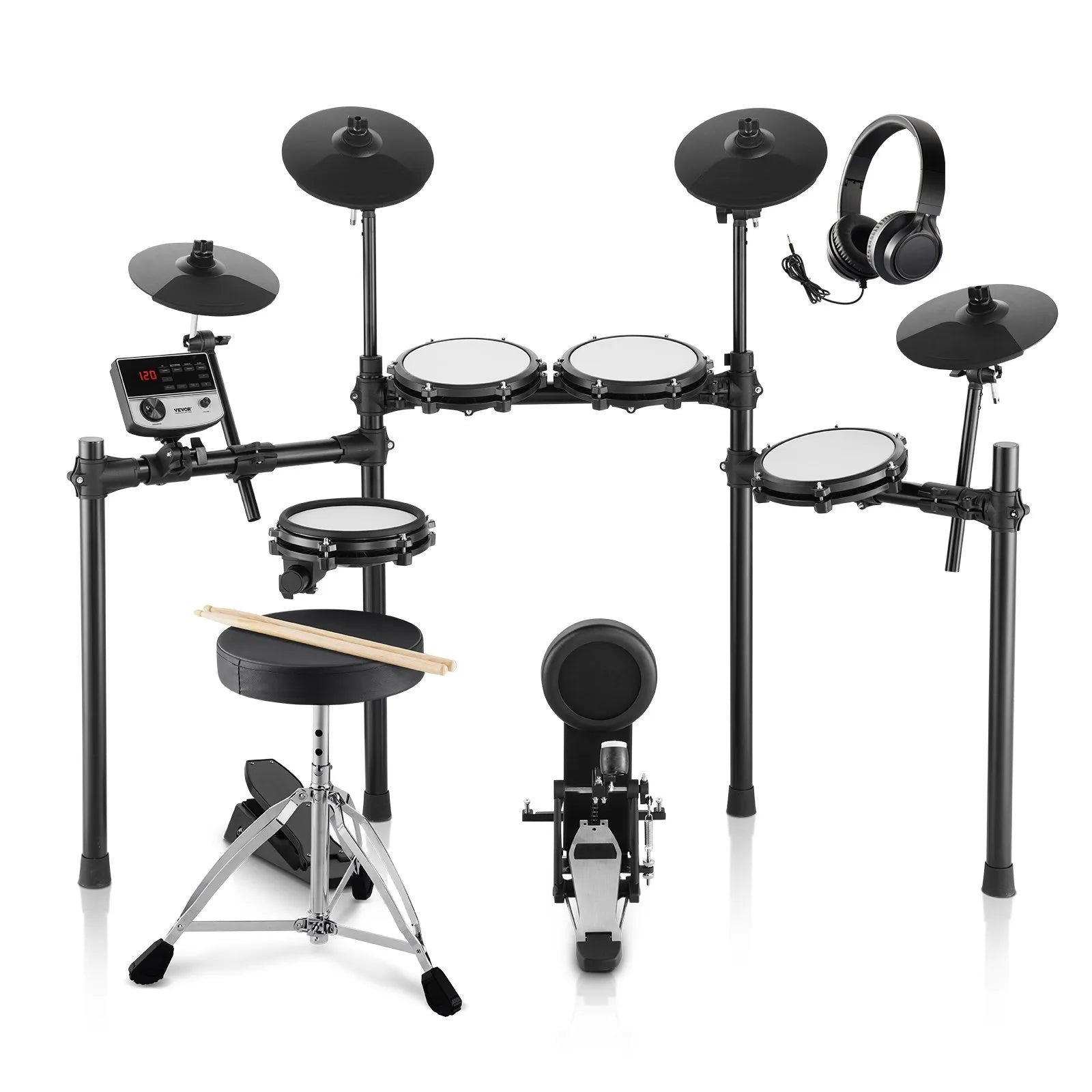 VEVOR elektroniskā bungasete ar 32 bungu komplektiem un 480 skaņām, 8″ klusās tīkla snare bungas spilventiņu, 10″ šķīvjiem, bungu vicinātājiem un austiņām; USB MIDI atbalsts, piemērota iesācējiem un pieaugušajiem