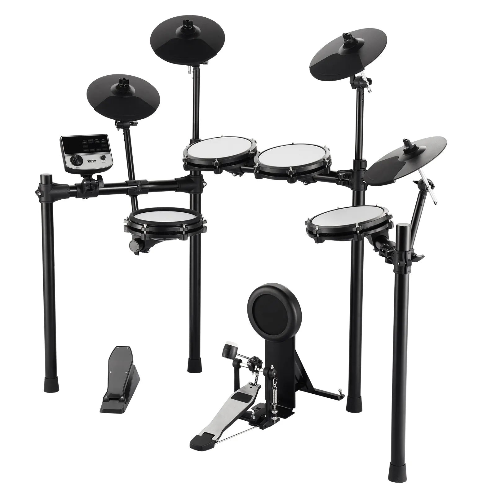 VEVOR elektroniskā bungasete ar 32 bungu komplektiem un 480 skaņām, 8″ klusās tīkla snare bungas spilventiņu, 10″ šķīvjiem, bungu vicinātājiem un austiņām; USB MIDI atbalsts, piemērota iesācējiem un pieaugušajiem
