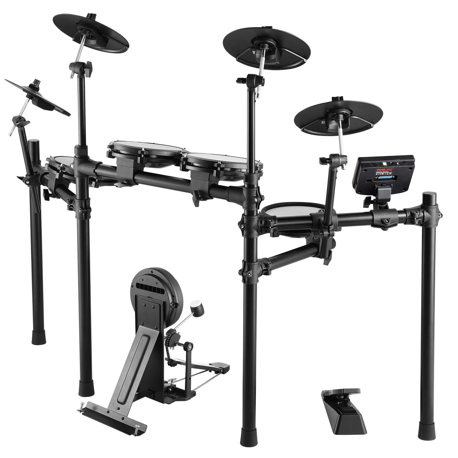 VEVOR elektroniskā bungasete ar 32 bungu komplektiem un 480 skaņām, 8″ klusās tīkla snare bungas spilventiņu, 10″ šķīvjiem, bungu vicinātājiem un austiņām; USB MIDI atbalsts, piemērota iesācējiem un pieaugušajiem