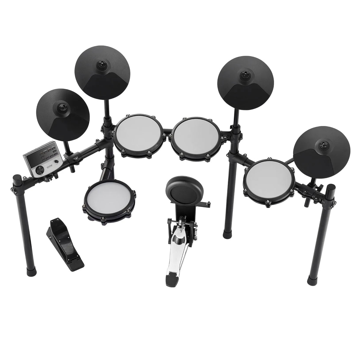 VEVOR elektroniskā bungasete ar 32 bungu komplektiem un 480 skaņām, 8″ klusās tīkla snare bungas spilventiņu, 10″ šķīvjiem, bungu vicinātājiem un austiņām; USB MIDI atbalsts, piemērota iesācējiem un pieaugušajiem