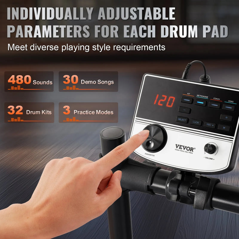 VEVOR elektroniskā bungasete ar 32 bungu komplektiem un 480 skaņām, 8″ klusās tīkla snare bungas spilventiņu, 10″ šķīvjiem, bungu vicinātājiem un austiņām; USB MIDI atbalsts, piemērota iesācējiem un pieaugušajiem