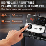 VEVOR elektroniskā bungasete ar 32 bungu komplektiem un 480 skaņām, 8″ klusās tīkla snare bungas spilventiņu, 10″ šķīvjiem, bungu vicinātājiem un austiņām; USB MIDI atbalsts, piemērota iesācējiem un pieaugušajiem
