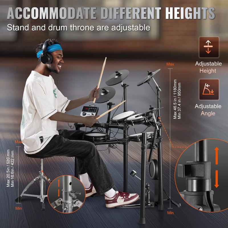 VEVOR elektroniskā bungasete ar 32 bungu komplektiem un 480 skaņām, 8″ klusās tīkla snare bungas spilventiņu, 10″ šķīvjiem, bungu vicinātājiem un austiņām; USB MIDI atbalsts, piemērota iesācējiem un pieaugušajiem