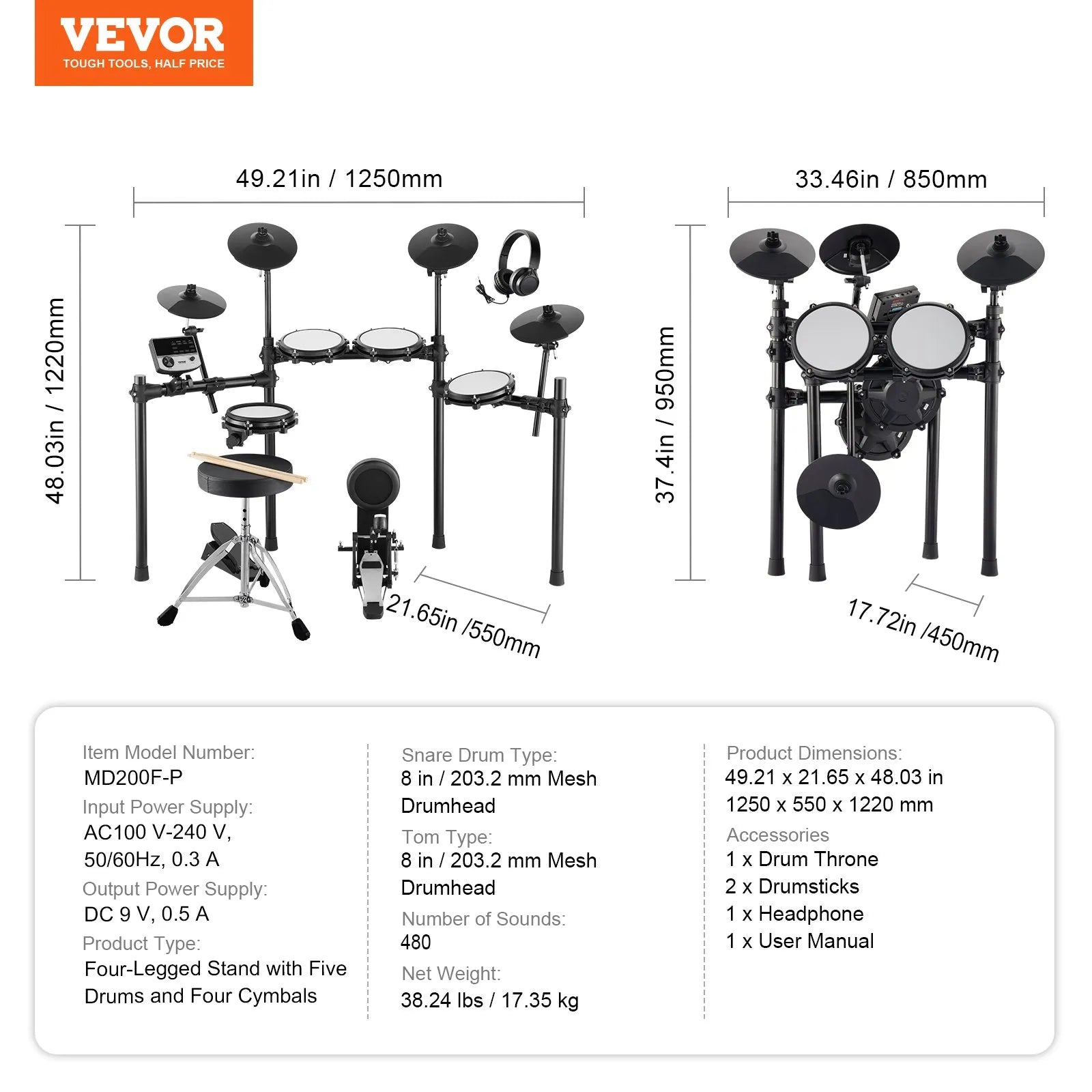 VEVOR elektroniskā bungasete ar 32 bungu komplektiem un 480 skaņām, 8″ klusās tīkla snare bungas spilventiņu, 10″ šķīvjiem, bungu vicinātājiem un austiņām; USB MIDI atbalsts, piemērota iesācējiem un pieaugušajiem