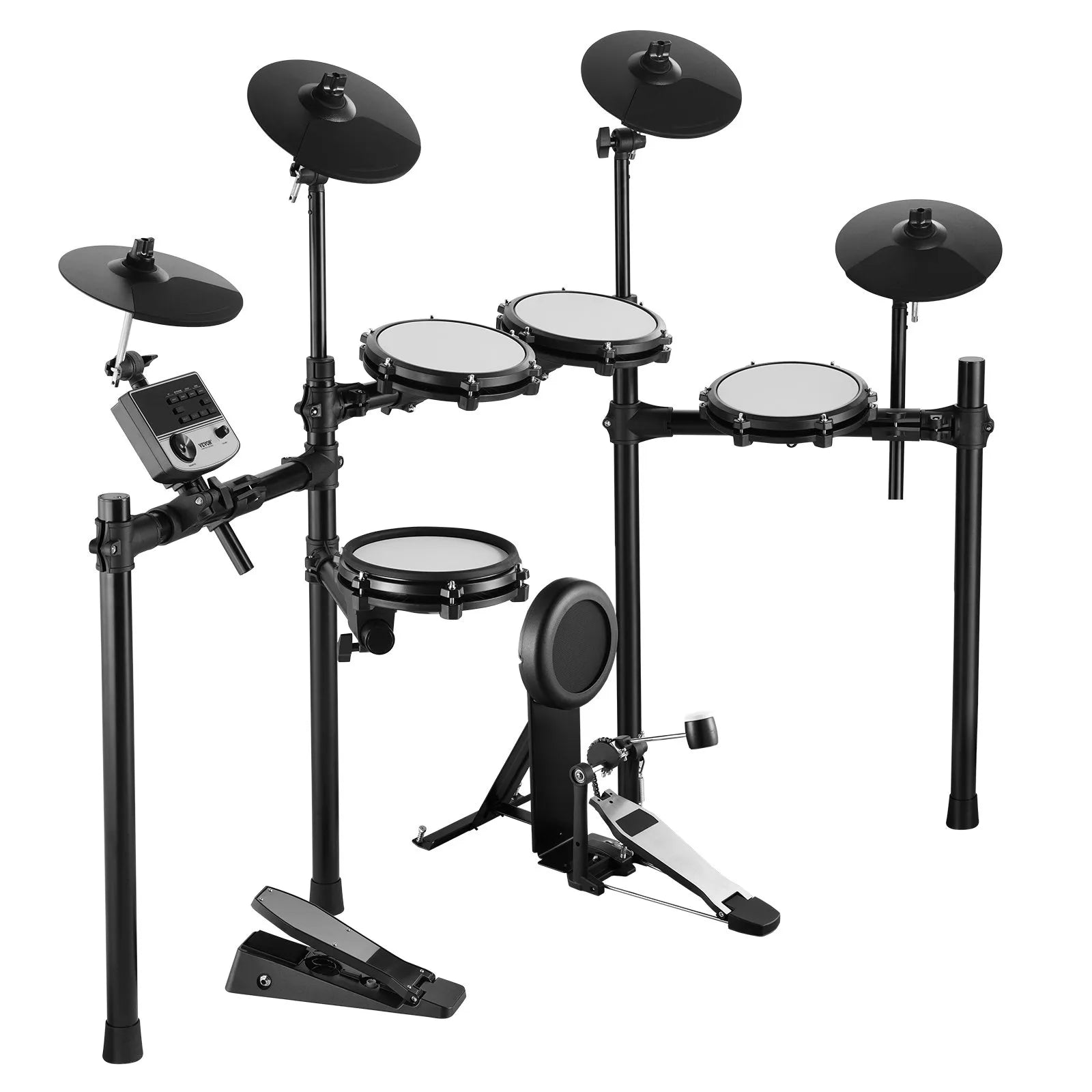 VEVOR elektroniskā bungasete ar 32 bungu komplektiem un 480 skaņām, 8″ klusās tīkla snare bungas spilventiņu, 10″ šķīvjiem, bungu vicinātājiem un austiņām; USB MIDI atbalsts, piemērota iesācējiem un pieaugušajiem