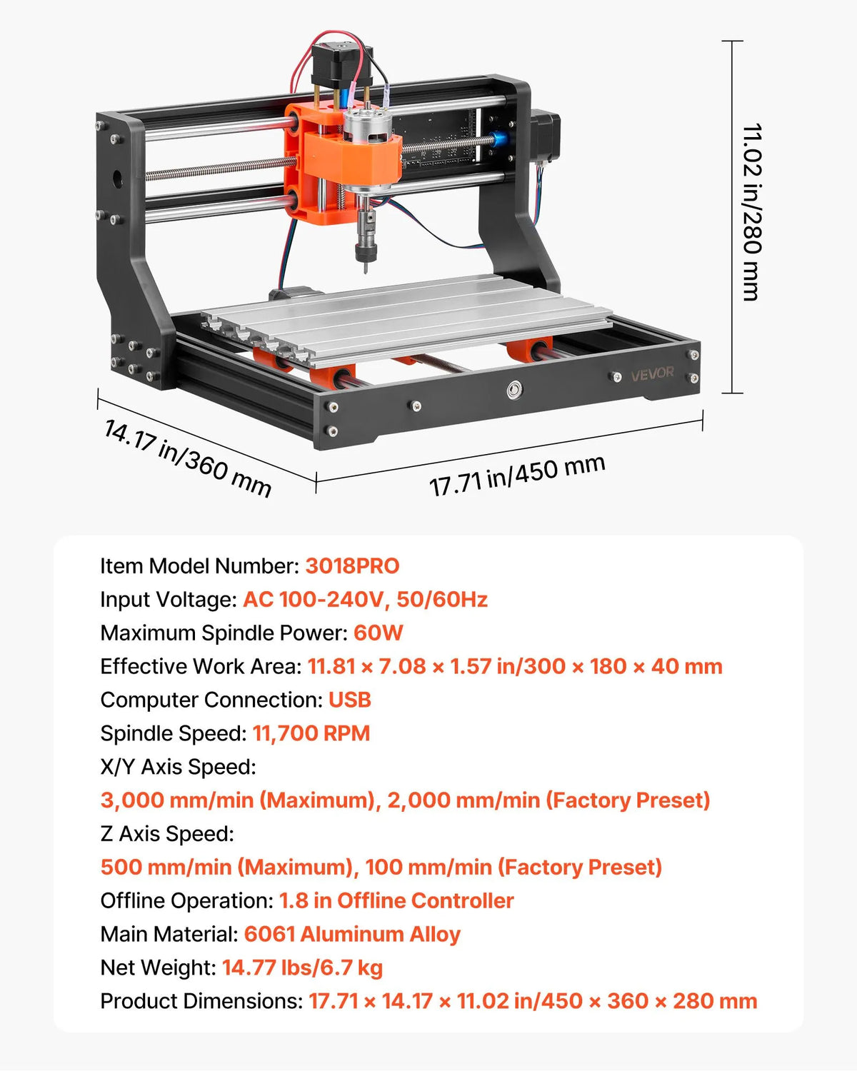 VEVOR 3018 CNC frēzēšanas iekārta, 60 W vārpsta, 3 asu koka gravēšanas un frēzēšanas mašīna, ar 300 × 180 × 40 mm darba zonu, bezsaistes vadības pulti, alumīnija sakausējuma konstrukciju, koka un akrila gravēšanai un griešanai