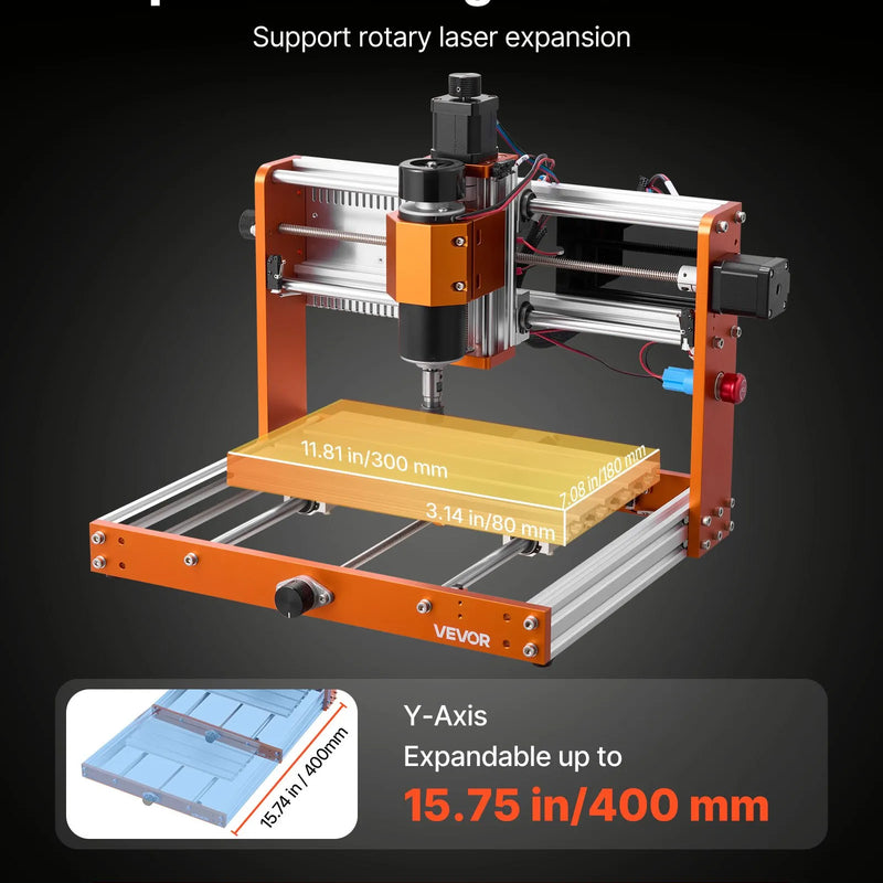 VEVOR CNC frēzēšanas iekārta, 500 W vārpsta, 3 asu koka gravēšanas un frēzēšanas mašīna, ar 300 × 180 × 80 mm darba zonu, bezsaistes vadības pulti, gala slēdžiem un avārijas apturēšanu, koka, akrila un plastmasas gravēšanai un griešanai