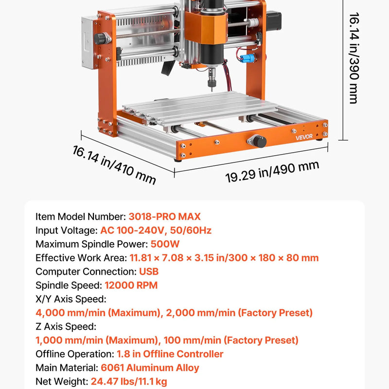 VEVOR CNC frēzēšanas iekārta, 500 W vārpsta, 3 asu koka gravēšanas un frēzēšanas mašīna, ar 300 × 180 × 80 mm darba zonu, bezsaistes vadības pulti, gala slēdžiem un avārijas apturēšanu, koka, akrila un plastmasas gravēšanai un griešanai