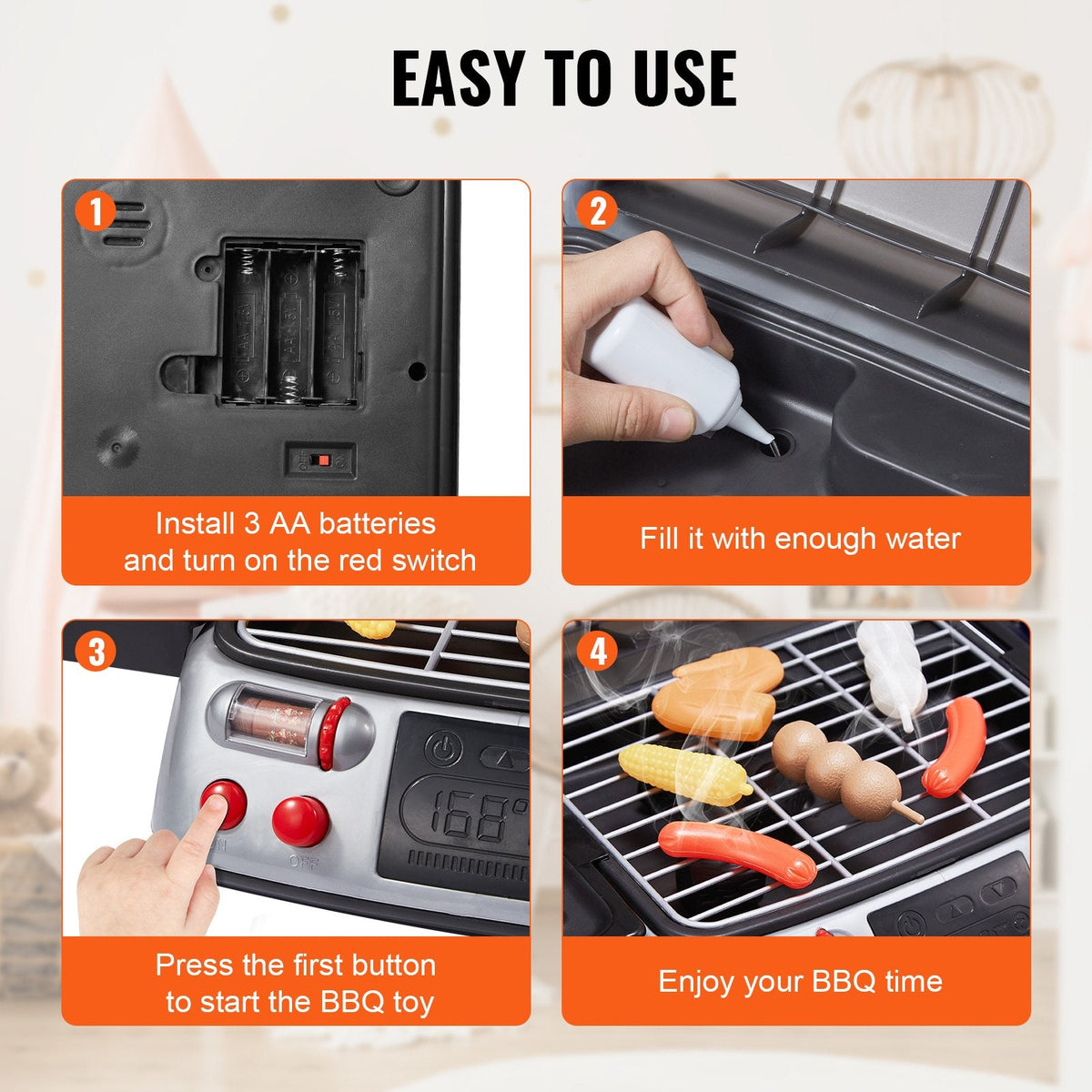 VEVOR 19 Gab. Bērnu BBQ Grila Spēļu Komplekts ar Gatavošanas Grilu, Dūmu Skaņu un Gaismu