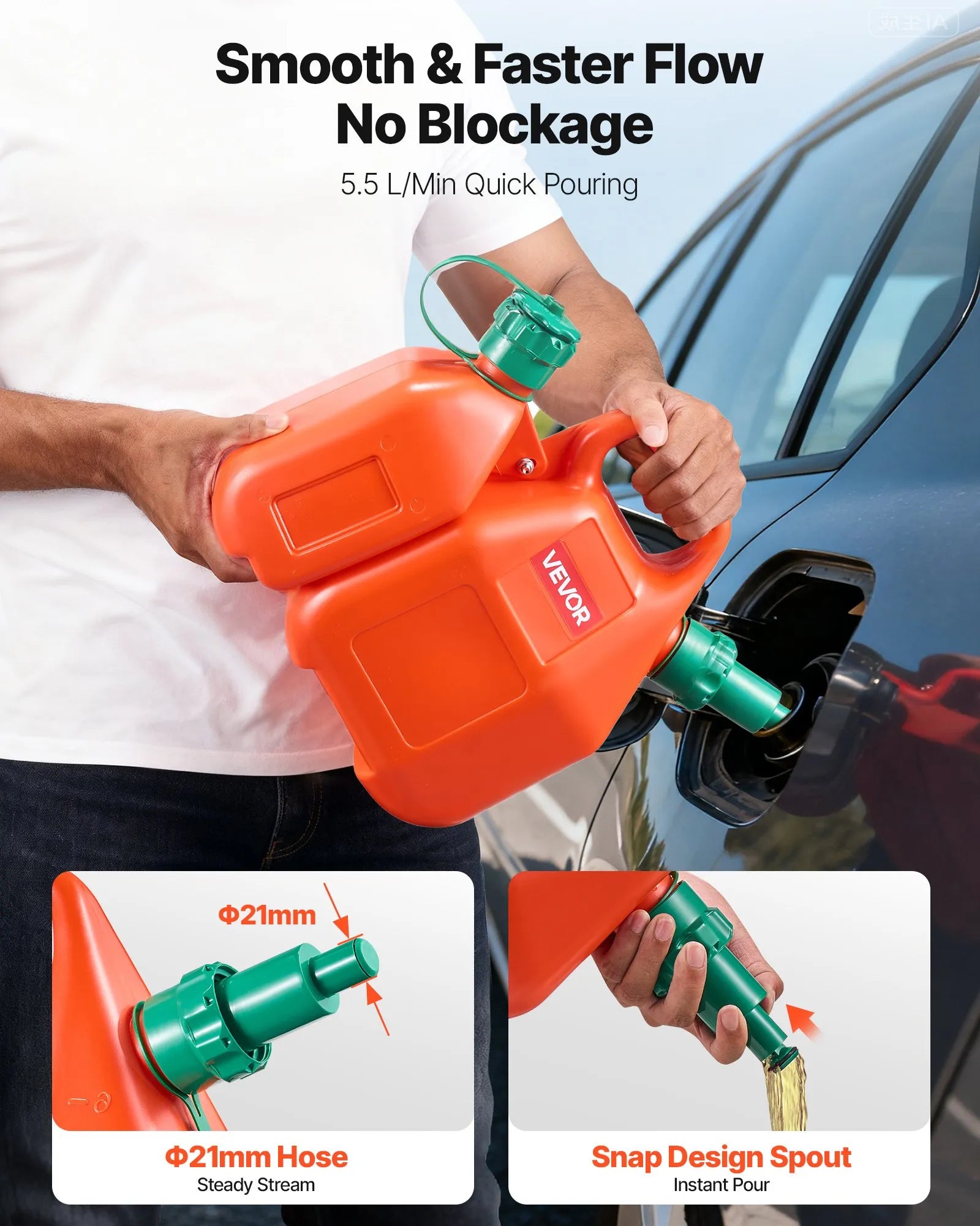 VEVOR degvielas kanna 6 l ar izliešanas snīpi un papildu eļļas kannu 1,9 l, maks. plūsma 5,5 l/min, hermētiska plakana pārnēsājama šķidruma kanna automašīnām, motocikliem, ATV un UTV