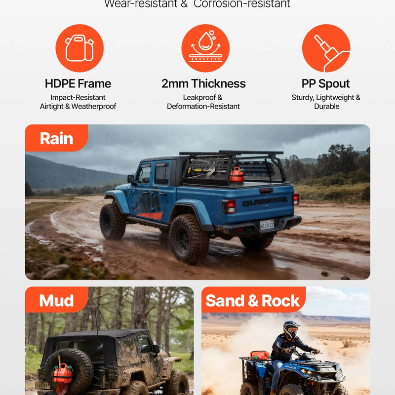 VEVOR degvielas kanna 6 l ar izliešanas snīpi un papildu eļļas kannu 1,9 l, maks. plūsma 5,5 l/min, hermētiska plakana pārnēsājama šķidruma kanna automašīnām, motocikliem, ATV un UTV