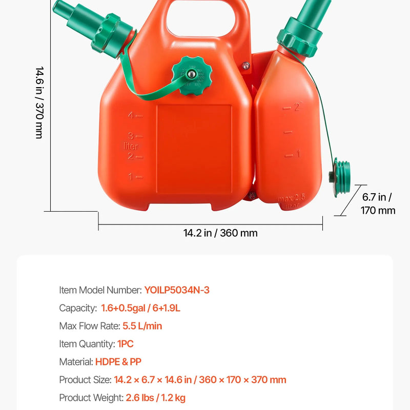 VEVOR degvielas kanna 6 l ar izliešanas snīpi un papildu eļļas kannu 1,9 l, maks. plūsma 5,5 l/min, hermētiska plakana pārnēsājama šķidruma kanna automašīnām, motocikliem, ATV un UTV