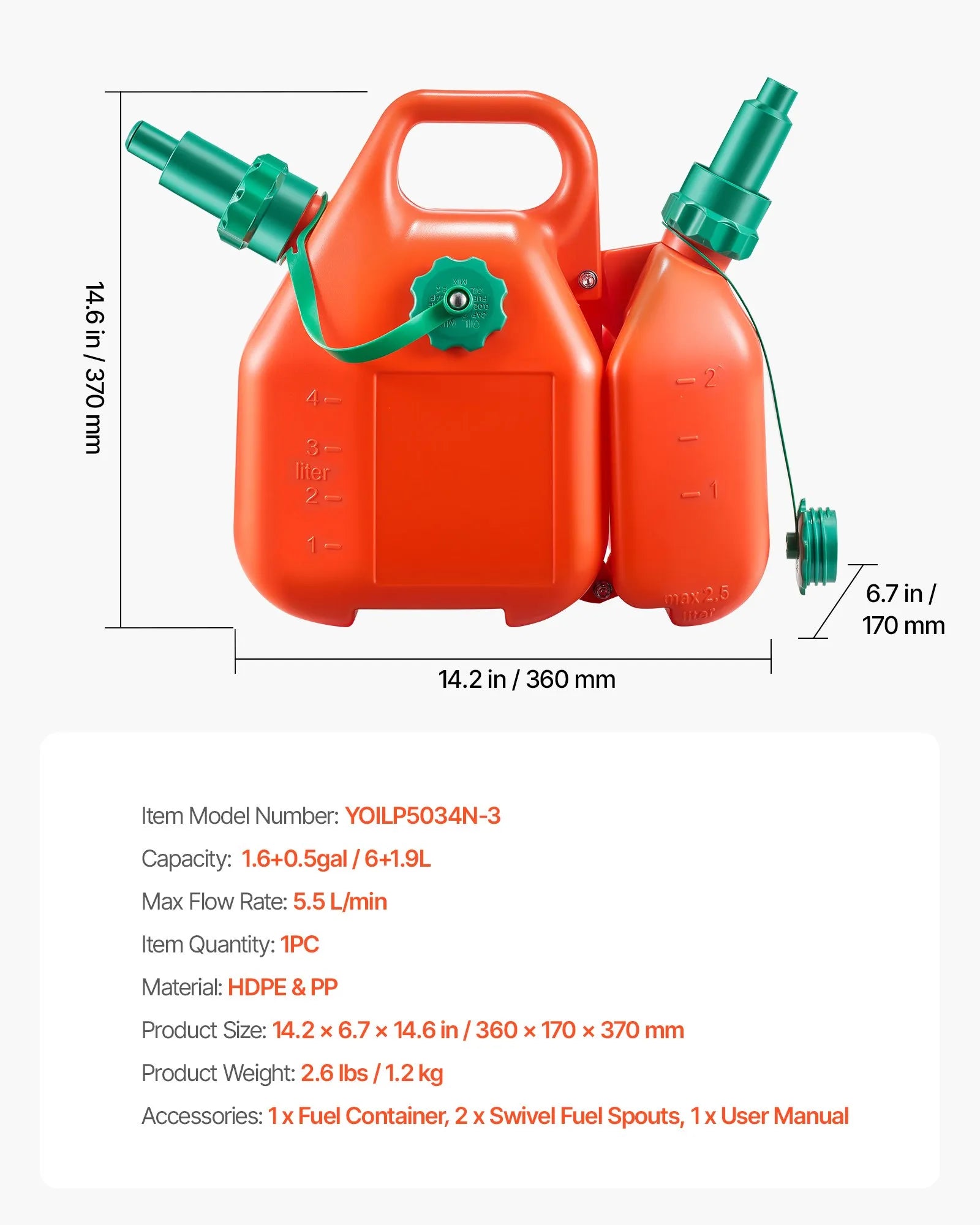 VEVOR degvielas kanna 6 l ar izliešanas snīpi un papildu eļļas kannu 1,9 l, maks. plūsma 5,5 l/min, hermētiska plakana pārnēsājama šķidruma kanna automašīnām, motocikliem, ATV un UTV