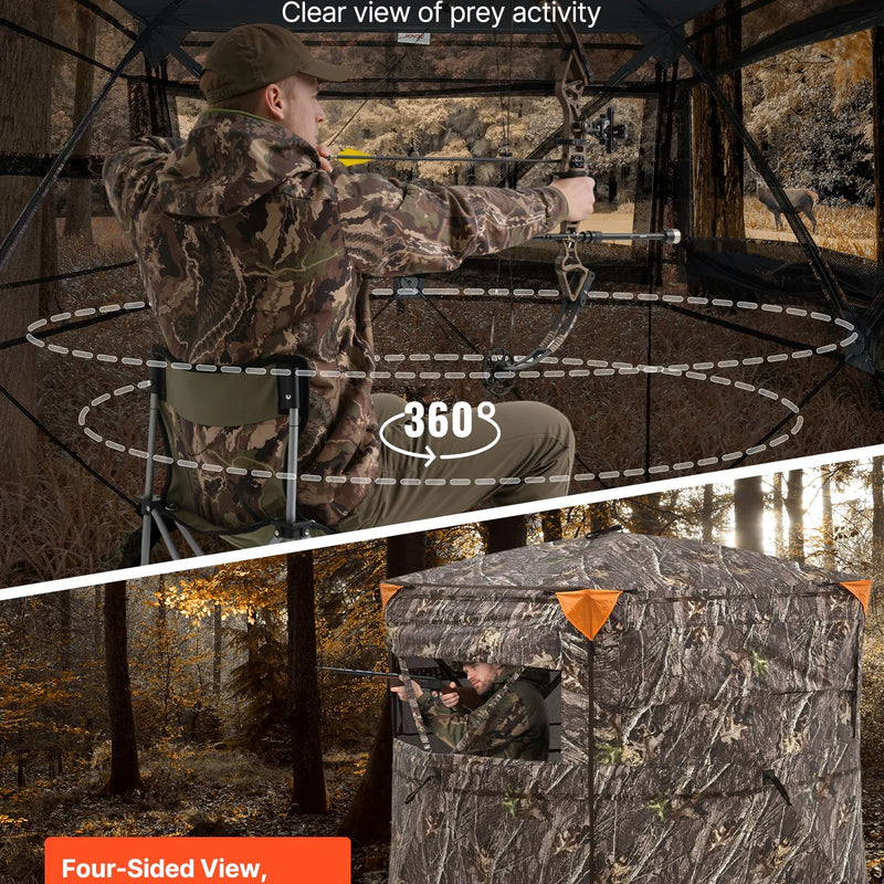 Jahipesa 2-3 inimesele läbipaistva konstruktsiooniga, kandekott, 360° kaasaskantav kamuflaažitelk, vastupidav peidik vaikse külgukse ja aknaga, sobib hirve- ja kalkunijahiks.