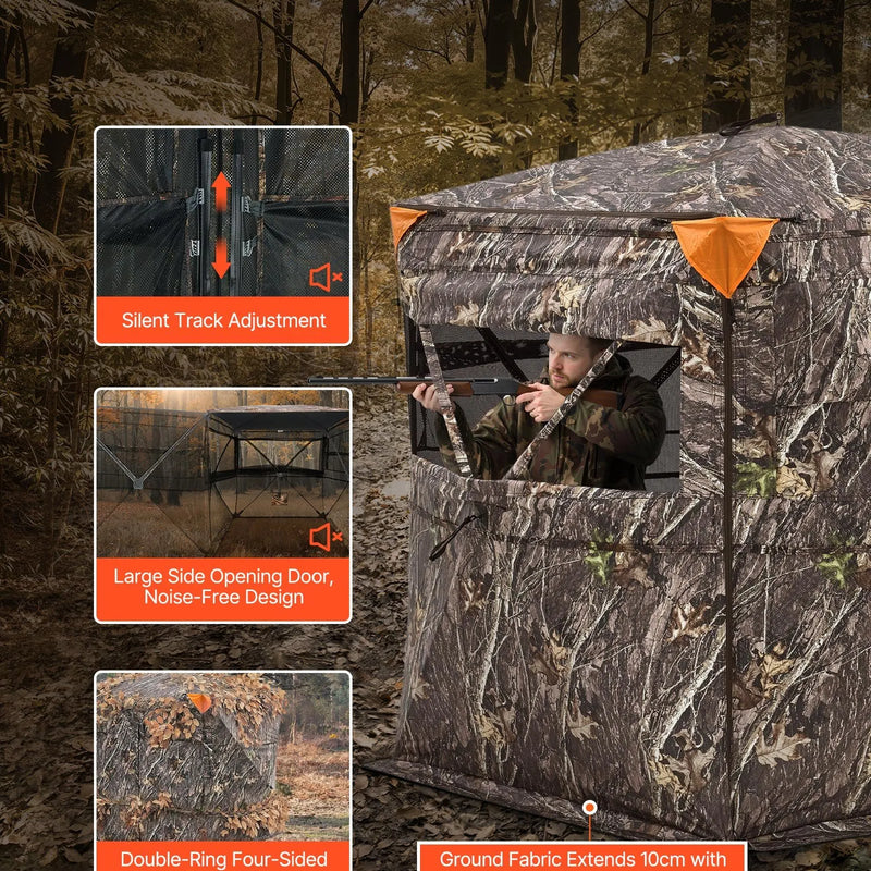 Jahipesa 2-3 inimesele läbipaistva konstruktsiooniga, kandekott, 360° kaasaskantav kamuflaažitelk, vastupidav peidik vaikse külgukse ja aknaga, sobib hirve- ja kalkunijahiks.