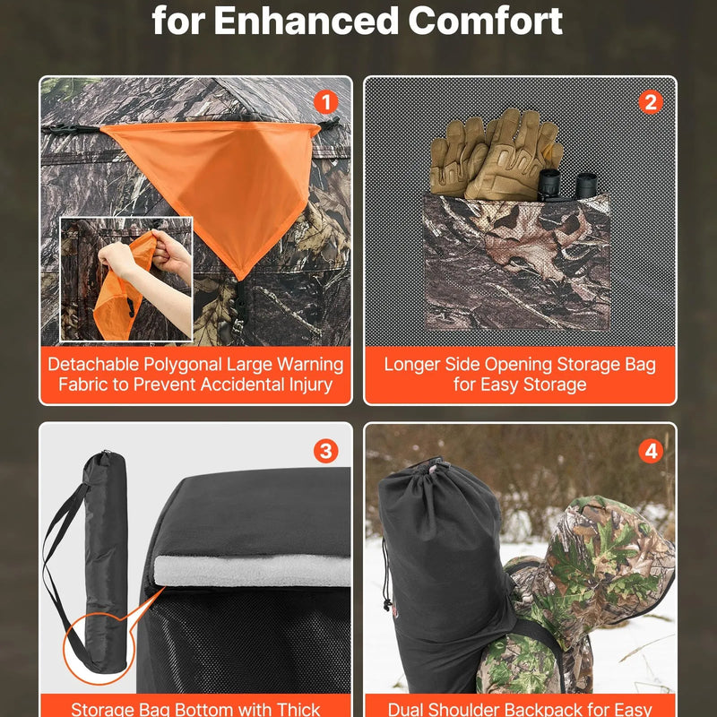 Jahipesa 2-3 inimesele läbipaistva konstruktsiooniga, kandekott, 360° kaasaskantav kamuflaažitelk, vastupidav peidik vaikse külgukse ja aknaga, sobib hirve- ja kalkunijahiks.