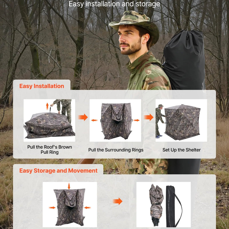 Jahipesa 2-3 inimesele läbipaistva konstruktsiooniga, kandekott, 360° kaasaskantav kamuflaažitelk, vastupidav peidik vaikse külgukse ja aknaga, sobib hirve- ja kalkunijahiks.