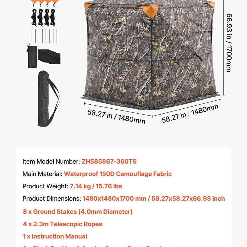 Jahipesa 2-3 inimesele läbipaistva konstruktsiooniga, kandekott, 360° kaasaskantav kamuflaažitelk, vastupidav peidik vaikse külgukse ja aknaga, sobib hirve- ja kalkunijahiks.