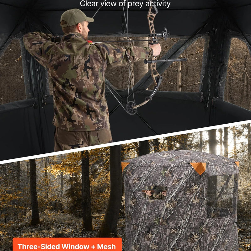 Jahipesa 2-3 inimesele soojusisolatsiooniga, statiiviga tool ja kandekott, kaasaskantav kamuflaaž telk, vastupidav pesa vaikse tõmblukuga ukse ja aknakujundusega, sobib hirve- ja kalkunijahiks.