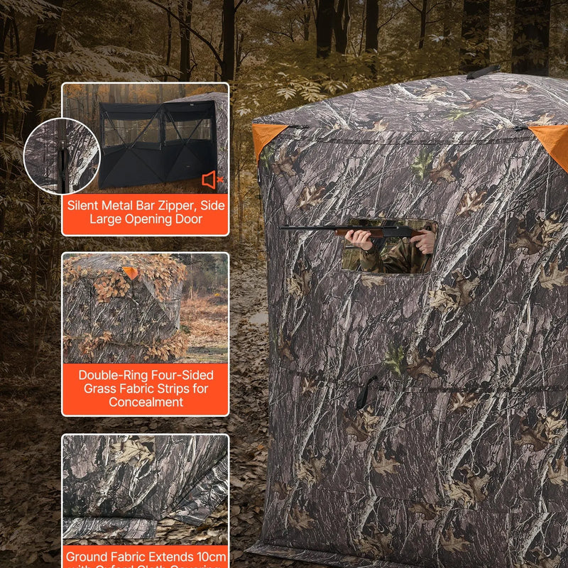 Jahipesa 2-3 inimesele soojusisolatsiooniga, statiiviga tool ja kandekott, kaasaskantav kamuflaaž telk, vastupidav pesa vaikse tõmblukuga ukse ja aknakujundusega, sobib hirve- ja kalkunijahiks.