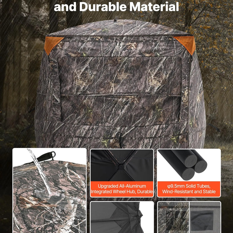 Jahipesa 2-3 inimesele soojusisolatsiooniga, statiiviga tool ja kandekott, kaasaskantav kamuflaaž telk, vastupidav pesa vaikse tõmblukuga ukse ja aknakujundusega, sobib hirve- ja kalkunijahiks.