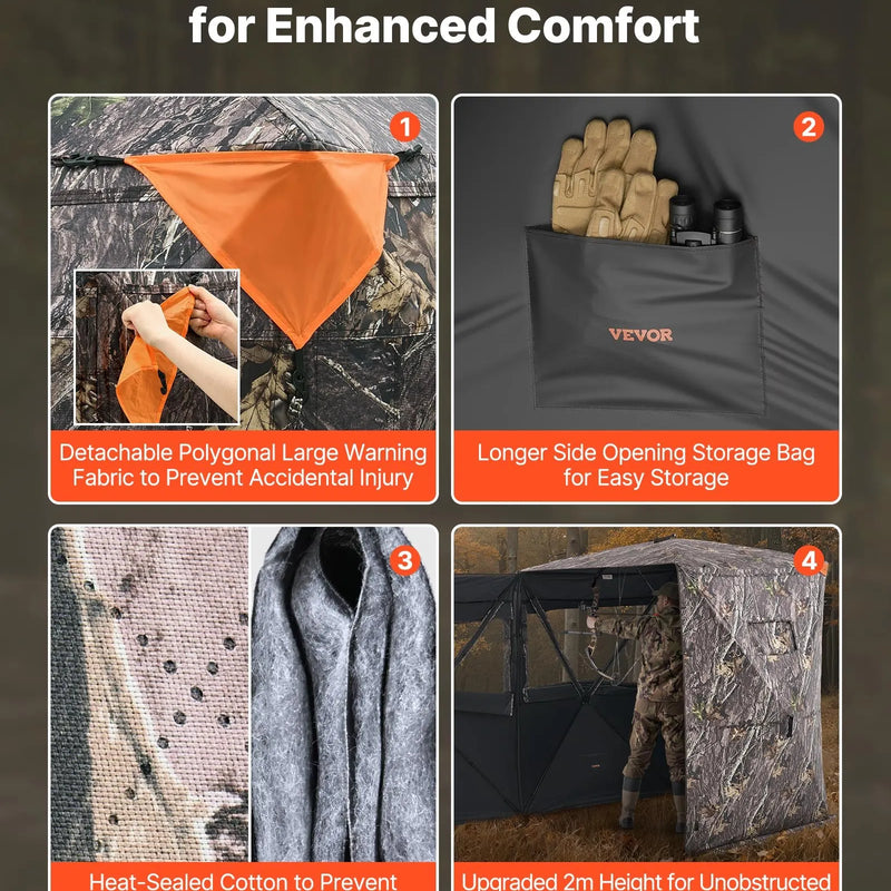 Jahipesa 2-3 inimesele soojusisolatsiooniga, statiiviga tool ja kandekott, kaasaskantav kamuflaaž telk, vastupidav pesa vaikse tõmblukuga ukse ja aknakujundusega, sobib hirve- ja kalkunijahiks.