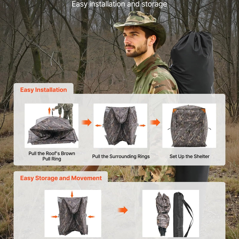 Jahipesa 2-3 inimesele soojusisolatsiooniga, statiiviga tool ja kandekott, kaasaskantav kamuflaaž telk, vastupidav pesa vaikse tõmblukuga ukse ja aknakujundusega, sobib hirve- ja kalkunijahiks.