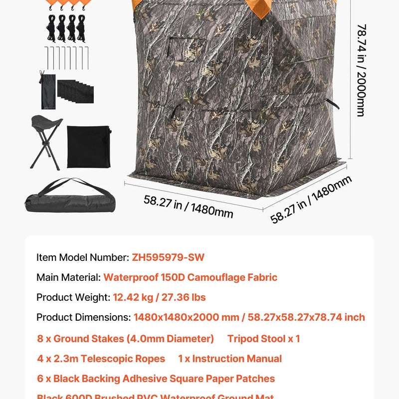 Jahipesa 2-3 inimesele soojusisolatsiooniga, statiiviga tool ja kandekott, kaasaskantav kamuflaaž telk, vastupidav pesa vaikse tõmblukuga ukse ja aknakujundusega, sobib hirve- ja kalkunijahiks.