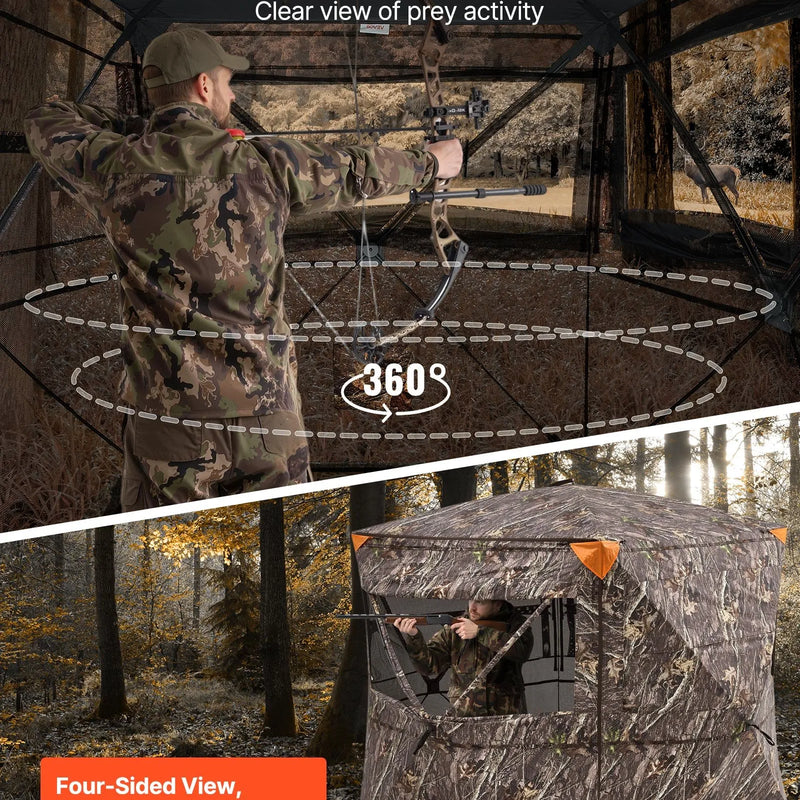 Jahipesa 4-5 inimesele läbipaistva konstruktsiooni ja kandekotiga, 360° kaasaskantav kamuflaaž telk vaikse tõmblukuga ukse ja aknaga, vastupidav pesa hirve- ja kalkunijahiks.