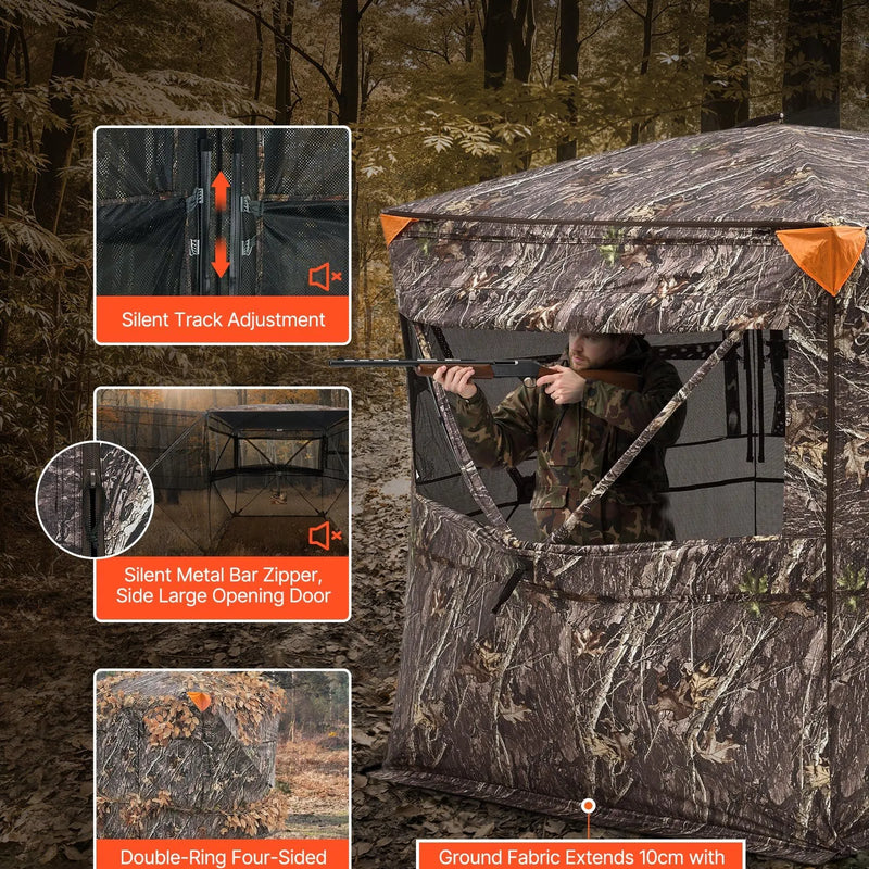 Jahipesa 4-5 inimesele läbipaistva konstruktsiooni ja kandekotiga, 360° kaasaskantav kamuflaaž telk vaikse tõmblukuga ukse ja aknaga, vastupidav pesa hirve- ja kalkunijahiks.