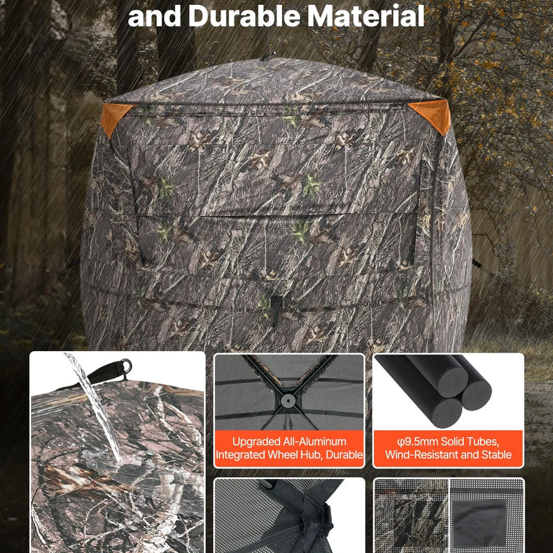 Jahipesa 4-5 inimesele läbipaistva konstruktsiooni ja kandekotiga, 360° kaasaskantav kamuflaaž telk vaikse tõmblukuga ukse ja aknaga, vastupidav pesa hirve- ja kalkunijahiks.