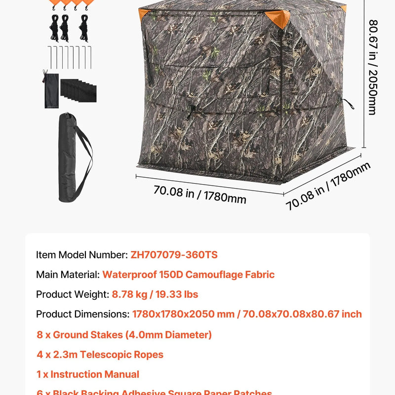 Jahipesa 4-5 inimesele läbipaistva konstruktsiooni ja kandekotiga, 360° kaasaskantav kamuflaaž telk vaikse tõmblukuga ukse ja aknaga, vastupidav pesa hirve- ja kalkunijahiks.