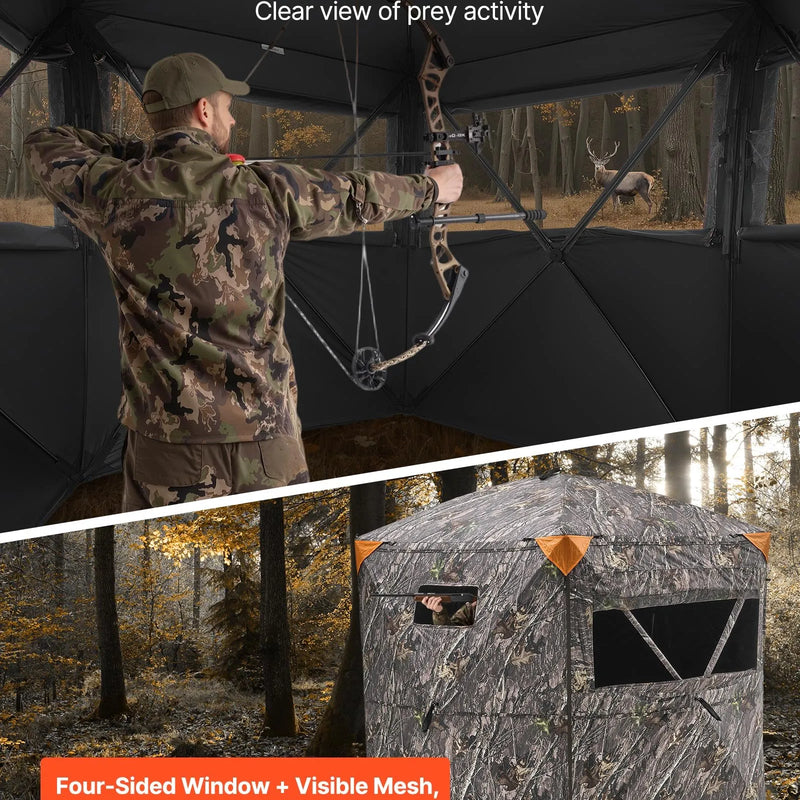 Jahipesa 6-7 inimesele koos kandekotiga, kaasaskantav kamuflaaž telk, tugevdatud vastupidav peidik, vaikse tõmblukuga ukse ja akna disainiga, sobib hirve- ja kalkunijahiks.