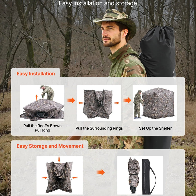 Jahipesa 6-7 inimesele koos kandekotiga, kaasaskantav kamuflaaž telk, tugevdatud vastupidav peidik, vaikse tõmblukuga ukse ja akna disainiga, sobib hirve- ja kalkunijahiks.