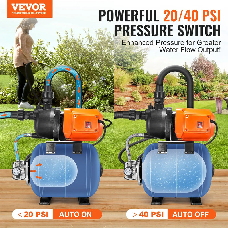 VEVOR virszemes ūdens sūknis ar spiedtvertni 745 W (1 ZS), 63 l/min, pacēlums 50 m, spiediena slēdzis 1,4–2,8 bar, termoplastiska sūkņa galva, piemērots mājas, dārza un zāliena laistīšanai