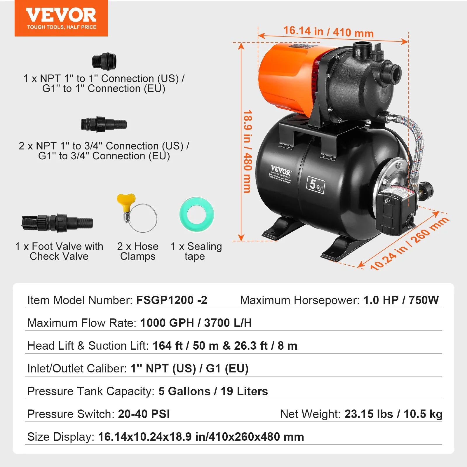 Наземный водяной насос VEVOR с напорным баком, 745 Вт (1 ZS), 63 л/мин, напор 50 м, реле давления 1,4–2,8 бар, термопластиковая головка насоса, подходит для полива дома, сада и газона