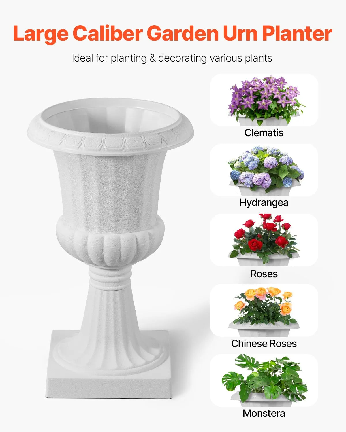 VEVOR plastmasas urnas tipa puķu podi 25 × 42 cm, 2 gab., klasiskie balti puķu podi iekštelpām un ārtelpām, dekoratīvi podi dārzam, balkonam, terasei, mājas ieejai, kāzām un pasākumiem